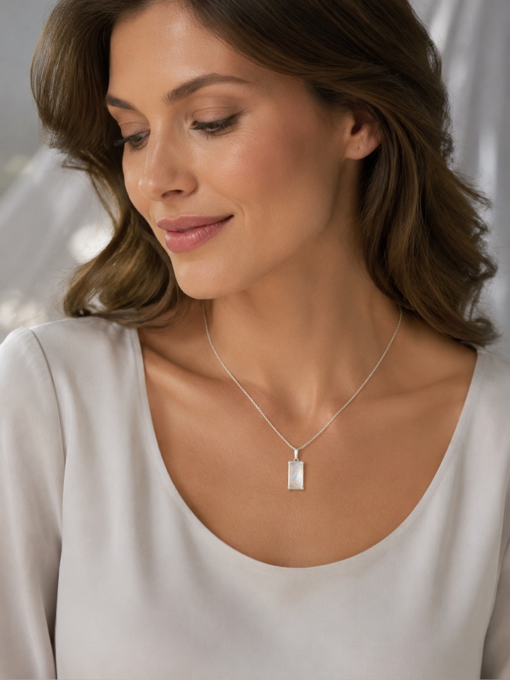 Chapter Silver Rectangle Mother-of-Pearl Pendant Necklace,NIB